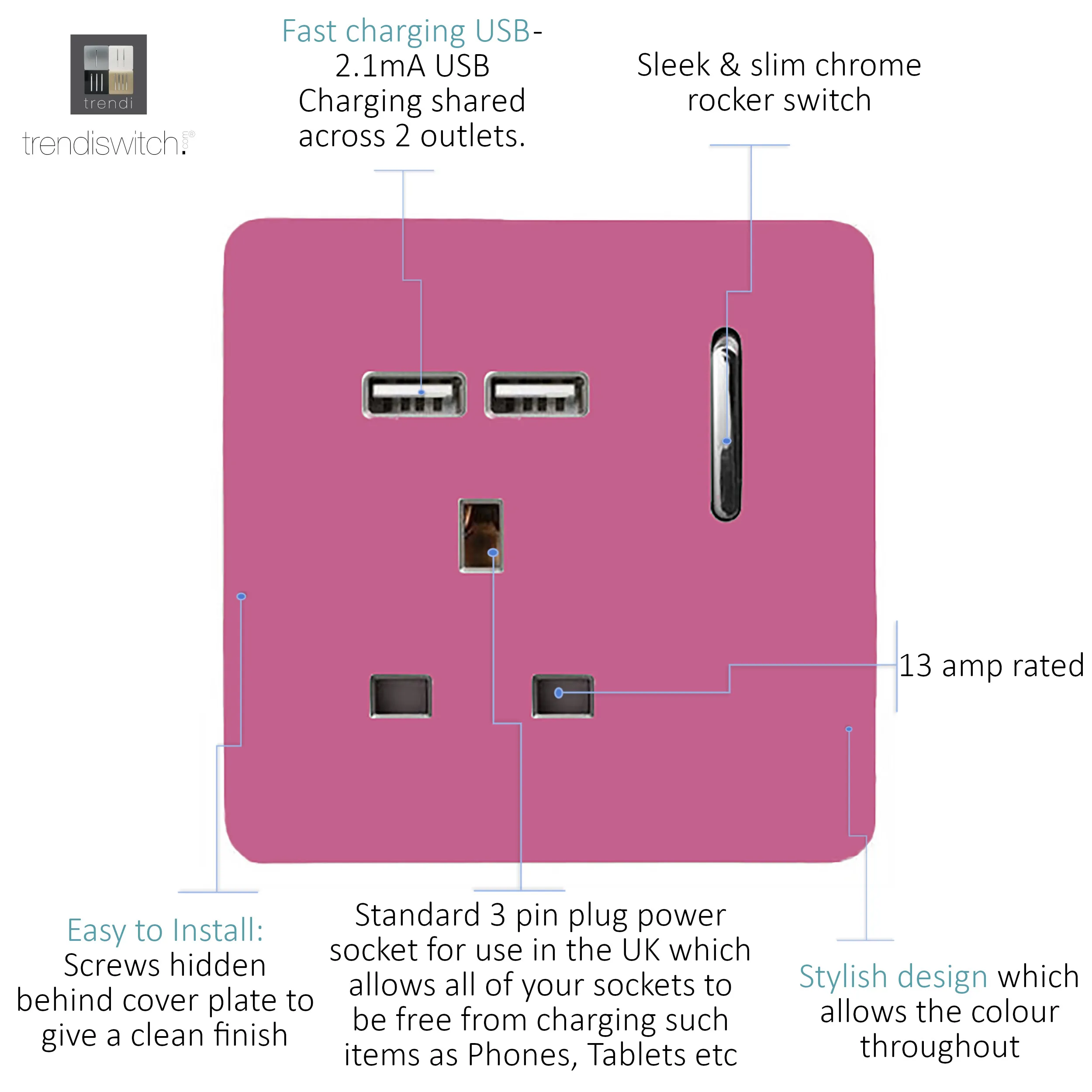 1 Gang 13Amp Switched Single Socket With 2 x USB Pink ART-SKT13USBPK  Trendi Pink